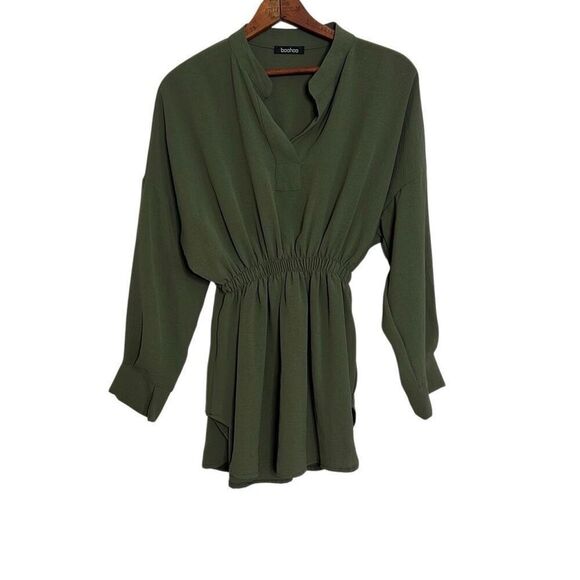 Boohoo Long Sleeve Elastic Waistband Tunic Pullover Blouse Top Green Size 2 - Picture 1 of 7